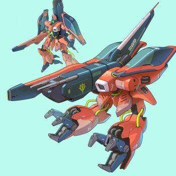 aqua_background beam_rifle bmwsb0 commentary energy_gun gaza-c green_eyes gun gundam highres holding holding_gun holding_weapon mecha mecha_focus mobile_suit neo_zeon no_humans one-eyed robot science_fiction simple_background weapon zeta_gundam zeta_gundam_define