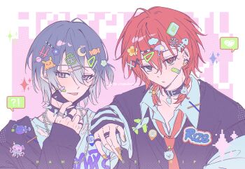 18trip 2boys bandaid bandaid_on_face black_jacket black_sweater_vest blue_hair braid clover_hair_ornament collar collared_shirt commentary crescent crescent_hair_ornament earrings fish_skeleton_hair_ornament four-leaf_clover_hair_ornament gradient_hair grey_eyes hachinoya_nagi hair_between_eyes hair_ornament hairclip half_updo heterochromia highres ityorec jacket jewelry layered_sleeves long_sleeves looking_at_viewer low_twin_braids male_focus mask_pull medium_hair multicolored_hair multiple_boys necktie nishizono_renga red_eyes red_hair red_necktie shirt short_over_long_sleeves short_sleeves sleeves_past_wrists spiked_collar spikes sweater_vest symbol-only_commentary too_many_hair_ornaments torn_clothes torn_shirt twin_braids umbrella_hair_ornament upper_body white_shirt