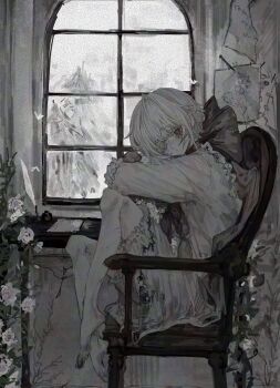 0_5en 1boy barefoot bow chair expressionless eyepatch flower highres indoors long_sleeves looking_at_viewer male_focus on_chair original pale_skin red_bow red_eyes rose shirt short_hair shorts sitting solo white_flower white_hair white_rose window