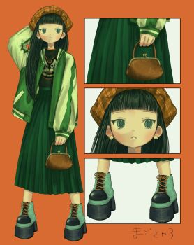 Rule 34 | black hair, black shirt, blue eyes, earrings, green jacket, green skirt, highres, jacket, jewelry, long hair, magochamu, shirt, skirt