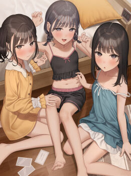 Rule 34 | 3girls, :3, barefoot, black camisole, black shorts, blue dress, blush, braid, camisole, clock, collarbone, commentary request, digital clock, dress, frilled camisole, frills, highres, looking at viewer, low twin braids, momikyo, multiple girls, navel, open mouth, original, pajamas, sena (momikyo), short twintails, shorts, strap slip, twin braids, twintails, yellow pajamas, yukishima momo