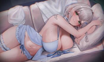 1girl babydoll blue_babydoll blue_choker breasts choker cleavage closed_mouth couch frilled_shorts frilled_thigh_strap frills green_eyes grey_hair hashtag-only_commentary highres hololive huge_breasts looking_at_viewer lying maison_de_cante medium_hair midriff mole mole_on_breast navel official_alternate_costume official_alternate_hairstyle on_couch on_side one_side_up shirogane_noel shirogane_noel_(9th_costume) shorts solo thigh_strap virtual_youtuber
