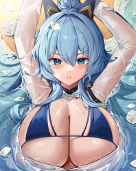 Rule 34 | 1girl, absurdres, arms up, bikini, blue bikini, blue hair, blush, breasts, cleavage, flower, goddess of victory: nikke, hair between eyes, hair intakes, hair spread out, hashtag-only commentary, helm (aqua marine) (nikke), helm (nikke), highres, large breasts, long hair, lying, official alternate costume, on back, partially unbuttoned, rose, see-through, see-through shirt, shirt, solo, somyo (s0my0), swimsuit, upper body, v-shaped eyebrows, very long hair, wet, wet clothes, wet shirt, white flower, white petals, white rose, white shirt