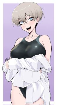 1girl armpit_crease arms_under_breasts artist_name bare_shoulders black_eyeshadow black_one-piece_swimsuit blonde_hair blue_eyes border breasts clothes_pull collarbone commentary corrupted_twitter_file cowboy_shot dot_nose earrings eyelashes eyeshadow gradient_background hair_between_eyes highres jewelry large_breasts light_blush looking_at_viewer makeup one-piece_swimsuit oomartm open_mouth outside_border purple_background shirt shirt_pull short_hair signature solo stud_earrings swimsuit teeth thick_thighs thighs tongue uzaki-chan_wa_asobitai! uzaki_hana white_border white_shirt