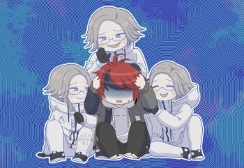 Rule 34 | 4boys, :d, ^ ^, ahoge, aotsuki eito, black gloves, black pants, black streaks, blue background, blue jacket, clone, closed eyes, commentary request, evil grin, evil smile, glasses, gloves, grey hair, grey jacket, grin, hand on another&#039;s arm, hand on another&#039;s head, hands on own head, holding, holding knife, hood, hoodie, jacket, jacket over hoodie, knife, looking at another, male focus, matsu shimatsuki, multicolored hair, multiple boys, no eyes, open clothes, open jacket, open mouth, outline, pants, purple eyes, red hair, shaded face, short hair, sitting, small sweatdrop, smile, spoilers, streaked hair, sumino takumi, the hundred line -last defense academy-, watermark, white hoodie, white jacket, white outline, white pants