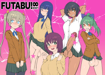 1girl 4futa aihara_ai april_fools arms_behind_head asakura_mao blush bosshi breasts censored clothes_lift embarrassed erection flaccid full-package_futanari futabu futanari grin huge_penis huge_testicles itou_aya large_penis large_testicles medium_breasts multiple_futa niimura_akane no_panties one_eye_closed oohashi_sumika penis pink_background school_uniform skirt skirt_lift small_breasts small_penis smile tanline_peek testicles wink