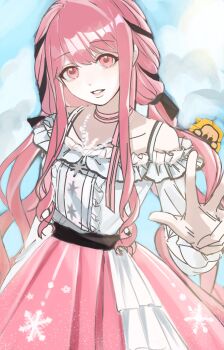 1girl ahoge animal bare_shoulders bead_necklace beads belt black_belt black_bow black_ribbon blue_sky bow bow_choker bowtie buttons cat center_frills chinese_commentary choker cloak clothed_animal clothing_cutout cloud collarbone commentary_request cowboy_shot day dot_nose ears_down frilled_skirt frilled_sleeves frills hair_between_eyes hair_bow hair_ribbon happy hexagram highres hood hood_up hooded_cloak infinity_nikki jewelry layered_skirt light_particles lips long_hair long_sidelocks long_sleeves momo_(nikki) necklace nikki_(nikki) nikki_(series) off-shoulder_shirt off_shoulder outdoors outstretched_hand parted_lips perfect_start_(infinity_nikki) pink_bow pink_bowtie pink_choker pink_eyes pink_hair pink_lips pink_skirt pleated_skirt print_skirt puffy_long_sleeves puffy_sleeves ribbon shirt shoulder_cutout sidelocks single_stripe skirt sky snowflake_print snowflakes solo_focus standing star_(symbol) star_necklace striped_bow striped_bowtie striped_choker striped_clothes tareme teeth tress_ribbon very_long_hair wavy_hair whiskers white_cat white_shirt white_skirt xinjinjumin058745237148 yellow_cloak