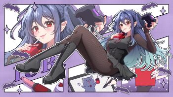 1girl absurdres ass black_boots black_skirt blush boots breasts character_request cleavage controller copyright_request double-parted_bangs fishnet_pantyhose fishnets full_body game_controller hair_between_eyes halftone halftone_background highres holding holding_controller holding_game_controller ichiko_1234 knee_boots lace-up_boots lipstick long_hair looking_at_viewer makeup medium_breasts outline pantyhose pleated_skirt purple_hair red_eyes sidelocks sitting skirt white_outline zoom_layer