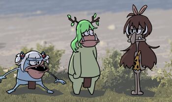 brown_hair ceres_fauna dark_skin feather_hair_ornament feathers gawr_gura green_hair hair_ornament highres hololive hololive_english mazumaro nanashi_mumei shark_hair_ornament spongebob_squarepants_(series) tagme tusks virtual_youtuber white_hair