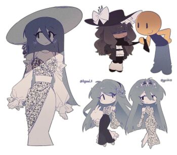 1other 2girls air_zizon black_pants blue_hair bow brown_hair brown_hat brown_scarf closed_mouth colored_skin dress earrings eunoia_(frozen_soul) frozen_soul hair_between_eyes hat hat_bow highres jewelry leg_warmers long_hair multiple_girls nashatra_bealdhild pants rabbit roblox scarf simple_background smile sweater very_long_hair white_background white_bow white_dress white_hat white_leg_warmers white_skin white_sweater wide_brim