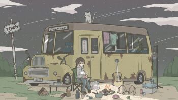 1girl adversarial_noise ball black_hair book bottle bowl bus campfire camping can cat chair cheribon closed_eyes closed_mouth cloud commentary_request cooking_pot cup denim dog drink_can english_text folding_chair grey_cat grey_sky guitar highres holding holding_cup hood hoodie instrument jeans lantern log long_sleeves medium_hair motor_vehicle night on_chair original outdoors pants pet_bowl pile_of_books plant school_bus shirt shoes signpost sitting sky slice_of_life star_(sky) steaming_cup table tennis_ball translation_request tree unworn_shirt white_hoodie wide_shot