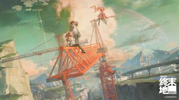 3girls angelina_(arknights) animal_ear_fluff animal_ears arknights arknights:_endfield bird_ears bird_girl black_boots black_hair black_jacket black_pantyhose black_thighhighs boots breasts brown_hair chinese_commentary cloud coat commentary_request copyright_logo copyright_name crane_(machine) creamyghost cumulonimbus_cloud dangling day dress dutch_angle endministrator_(arknights) eye_mask female_endministrator_(arknights) floating_clothes floating_hair fold-over_boots fox_ears fox_girl gilberta_(arknights) grey_dress headpiece high_collar high_up highres hill jacket logo long_hair long_sleeves looking_to_the_side mask medium_breasts medium_hair multiple_girls open_clothes open_coat open_jacket outdoors pantyhose perlica_(arknights) planet red_coat scenery shading_eyes short_dress sitting staff_riding standing sweater thighhighs twintails white_dress white_jacket white_sweater wide_sleeves zettai_ryouiki