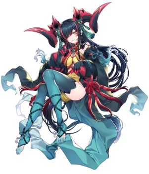 1girl aqua_thighhighs bare_shoulders black_gloves black_hair closed_mouth dragapult dragon_girl dragon_horns dreepy female_focus fingerless_gloves fingernails floating gen_8_pokemon gloves hair_over_one_eye horns katagiri_hachigou long_fingernails long_hair long_toenails multicolored_hair nail_polish nintendo pokemon red_hair red_nails rope sharp_toenails shiny_skin simple_background slit_pupils smile solo thighhighs toenails white_background yellow_eyes