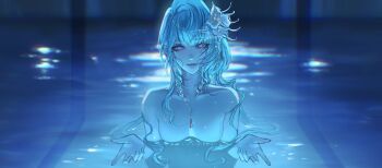 +\l.l./+_(path_to_nowhere) 1girl artist_name asymmetrical_bangs black_eyeliner blue_hair blue_theme braid breasts chainsaw_man chest_jewel collarbone commentary completely_nude english_commentary eyeliner glitter_makeup hair_ornament head_tilt highres i&#039;ll_teach_you_everything_(chainsaw_man) lens_flare looking_at_viewer makeup nidi3_laila nude path_to_nowhere pearl_hair_ornament pool purple_eyes reflection reflective_liquid shell shell_hair_ornament single_hair_intake small_breasts smile solo straight-on upper_body water water_drop wet