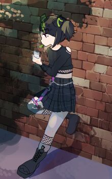1girl 2024 absurdres black_boots black_hair boots coqui_saporana eating highres indie_virtual_youtuber kotomisnacks leaning_against_wall looking_down red_hair solo