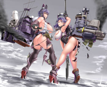 1girl armpits ass black_gloves black_panties black_thighhighs breasts butt_crack cannon capelet censored cloud cloudy_sky commentary_request convenient_censoring enemy_naval_mine_(kancolle) eyepatch from_behind full_body fur-trimmed_jacket fur_trim glaive_(polearm) gloves grey_sky gun hair_intakes halo handgun headgear highres holster holstered huge_breasts jacket kantai_collection large_breasts looking_at_viewer looking_back machinery mechanical_halo medium_hair nambu_type_14 ocean panties parted_lips partially_fingerless_gloves pleated_skirt polearm purple_eyes purple_hair rigging saizu_nitou_gunsou ship_turret shirt skirt sky sleeveless smoke solo standing tatsuta_(kancolle) tatsuta_kai_ni_(kancolle) tenryuu_(kancolle) tenryuu_kai_ni_(kancolle) thighhighs torn_clothes torn_shirt torn_skirt torpedo_tubes underwear water weapon white_shirt yellow_eyes