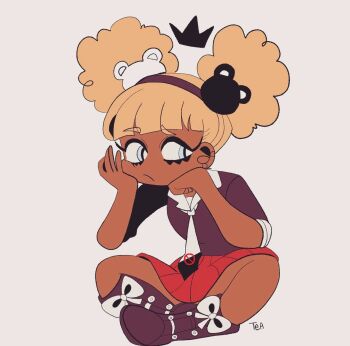 1girl afro afro_puffs bear_hair_ornament black_boots blonde_hair blue_eyes boots closed_mouth crown cut_content danganronpa_(series) danganronpa_another_episode:_ultra_despair_girls female_focus frown full_body hair_ornament hairband hands_on_own_face headband highres indian_style long_hair multicolored_boots pleated_skirt purple_hairband purple_headband red_skirt second_generation_enoshima_junko short_sleeves simple_background sitting skirt solo solo_focus twintails white_background white_boots