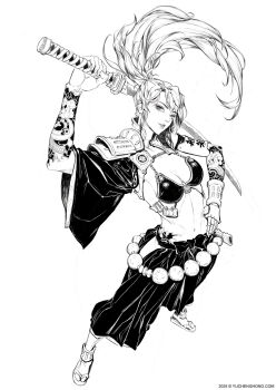 1girl 2025 arm_tattoo arm_up armor artist_name belt bikini_armor breasts cleavage commentary copyright_notice english_commentary eyeshadow foreshortening from_above full_body gauntlets greyscale hairstyle_request hakama hand_on_own_hip high_ponytail highres holding holding_behind_back holding_sword holding_weapon holding_weapon_behind_back japanese_clothes katana long_hair looking_at_viewer looking_up makeup medium_breasts monochrome navel ninja original parted_lips ponytail single_gauntlet single_shoulder_pad smile solo standing sword tabi tattoo text_tattoo watermark weapon web_address yu_cheng_hong