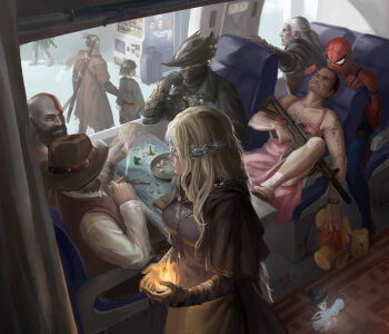 1girl 6+boys absurdres apron arm_tattoo arm_wrap armor assault_rifle bald beard black_capelet black_gloves black_hair black_headwear black_robe blindfold blindfold_mask blonde_hair bloodborne blue_bodysuit bob_cut bodypaint bodysuit bowl bracer breasts brown_footwear capelet cigar closed_mouth covered_eyes crossover cupping_hands d10_(die) d4_(die) dark_souls_(series) dark_souls_iii dated detroit:_become_human dice facepaint facial_hair facing_away fire fire_keeper full_body gehrman_the_first_hunter geralt_of_rivia gloves god_of_war grand_theft_auto grand_theft_auto_v gun hair_pulled_back han_bao hand_on_another's_back hand_up haori hat highres holding holding_cigar holding_gun holding_paper holding_scroll holding_stuffed_toy holding_weapon hunter_(bloodborne) initial japanese_clothes jewelry katana kimono kratos_(god_of_war) kuro_the_divine_heir leaning_back leg_up long_hair long_sleeves looking_at_another looking_back looking_outside map marvel mask medium_breasts messengers_(bloodborne) mouth_mask multicolored_bodysuit multiple_boys multiple_crossover own_hands_together paper pauldrons pendant pink_apron pointing polyhedral_dice ponytail profanity red_bodysuit red_vest rifle robe rolling_suitcase scabbard scar scar_across_eye scar_on_face scarf scroll sekiro sekiro:_shadows_die_twice sheath shirt short_hair short_ponytail shoulder_armor sitting smile smoking socks spider-man spider-man_(series) standing stuffed_animal stuffed_toy suitcase superhero_costume suppressor sword tattoo teddy_bear the_witcher_(series) the_witcher_3 top_hat trevor_philips tricorne trigger_discipline upper_body vambraces vending_machine vest weapon weapon_on_back white_hair white_shirt white_socks