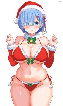 1girl absurdres bikini blue_eyes blue_hair blunt_bangs breasts christmas cleavage closed_mouth commentary cowboy_shot curvy detached_sleeves eclyart english_commentary gloves hair_ornament hair_over_one_eye highres large_breasts looking_at_viewer navel re:zero_kara_hajimeru_isekai_seikatsu red_bikini red_gloves rem_(re:zero) santa_bikini santa_costume short_hair smile solo standing swimsuit thighs underwear white_background x_hair_ornament