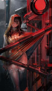 1girl absurdres breasts brown_hair clothes_lift commentary_request dress dress_lift feet_out_of_frame head_tilt highres lace lace-trimmed_thighhighs lace_trim large_breasts looking_at_viewer medium_hair no_panties no_pants one_eye_covered original outdoors parted_lips railroad_crossing railroad_signal red_light sidelocks skindentation snowing soleil_(soleilmtfbwy03) solo standing thighhighs white_thighhighs yellow_dress zettai_ryouiki