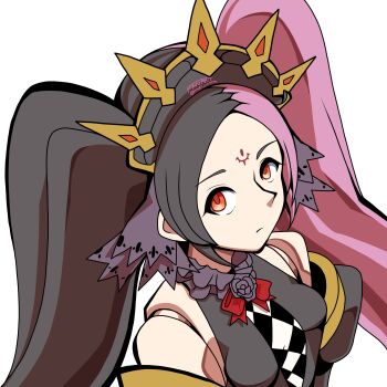 1girl absurdres black_hair breasts chaos_dorloto_(grimms_notes) bad_tag doll_joints grimms_notes highres joints long_hair looking_at_viewer nagi_urara pink_hair red_eyes simple_background solo twintails upper_body white_background