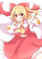 Rule 34 | 1girl, :o, absurdres, ako oekaki, ascot, bare shoulders, blonde hair, bow, commentary request, cosplay, cowboy shot, crystal wings, detached sleeves, eyes visible through hair, flandre scarlet, frilled bow, frilled hair tubes, frilled shirt collar, frilled skirt, frills, hair between eyes, hair bow, hair tubes, hakurei reimu, hakurei reimu (cosplay), hand up, highres, long sleeves, looking at viewer, medium hair, midriff peek, one side up, orange eyes, parted lips, red bow, red shirt, red skirt, shirt, sidelocks, simple background, skirt, sleeveless, sleeveless shirt, solo, split mouth, touhou, white background, white sleeves, wings, yellow ascot