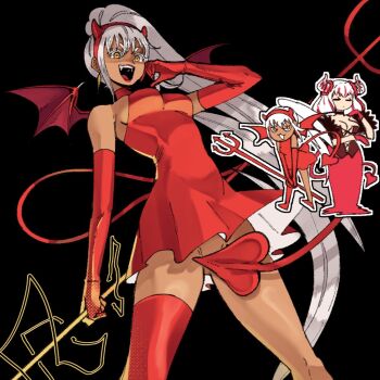 2girls breasts chibi cleavage closed_eyes dark-skinned_female dark_skin demon_girl demon_horns demon_tail demon_wings dress elbow_gloves fake_horns fang from_below gloves greek_mythology hairband hera_(wanderjegson) high_ponytail holding holding_pitchfork horn_hairband horns large_breasts long_skirt medium_breasts multiple_girls no_panties open_mouth original pitchfork ponytail red_gloves red_skirt short_dress sideboob skirt tail tail_censor wanderjegson white_hair wings yellow_eyes zeus_(wanderjegson)