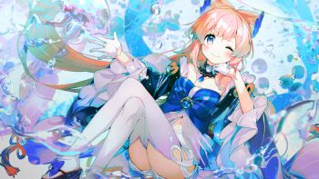 Rule 34 | 1girl, bare shoulders, blue dress, blush, breasts, cleavage, detached collar, dress, genshin impact, highres, jellyfish, long hair, long sleeves, looking at viewer, medium breasts, namie-kun, navel, one eye closed, pink hair, ponytail, purple eyes, sangonomiya kokomi, short shorts, shorts, sidelocks, smile, thighhighs, very long hair, white shorts, white thighhighs, wide sleeves