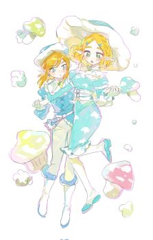 1boy 1girl aqua_dress aqua_eyes aqua_shirt blush braid breasts commentary_request couple crown_braid didi_en_ilu dress earrings full_body green_eyes grey_pants hair_ornament hairclip hat hetero highres holding_hands jewelry korean_commentary link medium_breasts nintendo pants parted_bangs parted_lips pointy_ears princess_zelda shirt short_hair sidelocks the_legend_of_zelda the_legend_of_zelda:_breath_of_the_wild thick_eyebrows white_background white_hat