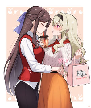 2girls animal_background aran_sweater bag black_hairband black_pants blonde_hair blush border bow breast_press breasts brown_background brown_hair bubble_tea cable_knit chibinekopan closed_eyes closed_mouth collared_shirt commentary_request cowboy_shot cup disposable_cup drinking drinking_straw drinking_straw_in_mouth face-to-face facing_another fingernails from_side hair_between_eyes hair_bow hair_ornament hairband half_updo hands_up heart high-waist_skirt highres holding holding_bag holding_cup hug long_hair long_sleeves looking_at_another medium_breasts multiple_girls neckerchief nose_blush official_alternate_costume orange_skirt outside_border pants parted_bangs pink_eyes profile purple_bow red_neckerchief red_vest saijou_claudine sharing_food shirt shopping_bag shoujo_kageki_revue_starlight shoujo_kageki_revue_starlight_-re_live- sidelocks skirt standing sweatdrop sweater symmetrical_docking tendou_maya translated very_long_hair vest wavy_hair white_border white_shirt white_sweater x_hair_ornament yuri