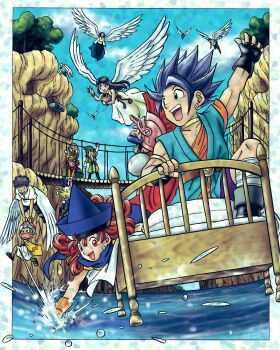 4girls 5boys adversarial_noise alena_(dq4) angel angel_wings animal_ears armlet bed black_eyes black_hair blonde_hair blue_cape blue_hair blue_hat blue_leotard blue_sky bonnet border bridge brown_coif brown_hair cape carrying carrying_person character_request child choker circlet coif commentary_request curly_hair day dragon_quest dragon_quest_iii dragon_quest_iv dragon_quest_vi dragon_quest_vii dress earrings facial_hair fake_animal_ears fake_tail fingerless_gloves flying gadabout_(dq3) gloves gold_armlet gold_choker gold_earrings green_tunic hand_up hat helmet hero_(dq6) hero_(dq7) highres holding_vase hoop_earrings in-franchise_crossover jewelry leotard long_hair lucia_(dq) maribel_(dq7) multiple_boys multiple_girls murakami_yumiko muscular muscular_male mustache on_bed open_mouth orange_hair pink_gloves pink_helmet playboy_bunny plume purple_shorts rabbit_ears rabbit_tail red_eyes ryan_(dq4) short_hair shorts sky sphere_earrings spiked_hair splashing tail tunic water white_border white_wings wings yellow_tunic