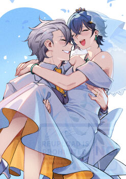 1boy 1girl alternate_costume arms_around_neck bare_shoulders belle_(zenless_zone_zero) blue_hair blush bracelet breasts bridal_veil brother_and_sister carrying cleavage closed_eyes collarbone commentary dress earrings english_commentary falling_petals formal_clothes gold_ring grey_hair grin heart highres incest jewelry medium_breasts necklace necktie open_mouth parted_lips petals princess_carry ring shoes short_hair siblings smile strapless strapless_dress suit veil wedding wedding_dress wedding_ring white_background white_dress white_shoes white_suit wise_(zenless_zone_zero) yellow_necktie yusi_vishnu zenless_zone_zero