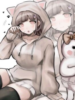 1girl :o black_thighhighs blush bow breasts brown_hair collarbone danganronpa_(series) danganronpa_2:_goodbye_despair ear_bow hair_ornament hand_up highres hood hoodie ikemen&#039;na_ore-shi long_sleeves looking_at_viewer medium_hair nanami_chiaki open_mouth pink_eyes pink_hoodie smile thighhighs white_background