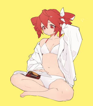 1girl absurdres barefoot bikini book breasts collarbone drill_hair hair_ribbon halterneck hand_in_own_hair highres holding holding_book indian_style kasane_teto navel open_book reading red_eyes red_hair ribbon simple_background sitting solo swimsuit twin_drills utau white_bikini white_ribbon yellow_background yunibobo