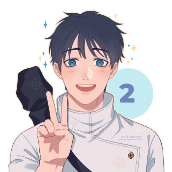 1boy 2 :d aged_down araramyeon_(artist) blush highres jacket jujutsu_kaisen looking_at_viewer okkotsu_yuuta open_mouth over_shoulder short_hair smile solo sword v weapon weapon_over_shoulder white_jacket