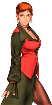 Rule 34 | 1girl, arms at sides, breasts, brown hair, capcom vs. snk, choker, cleavage, earrings, formal clothes, from side, game cg, highres, jewelry, light smile, lips, looking to the side, mori toshiaki, non-web source, official art, pant suit, pants, pantyhose, pantyhose under shorts, short hair, shorts, solo, suit, the king of fighters, upper body, vest, vice (kof), waistcoat