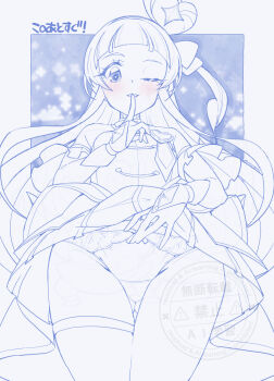 1girl character_request copyright_request cowboy_shot dress elbow_gloves from_below gloves highres long_hair miyagoe_yoshitsuki monochrome one_eye_closed panties tagme underwear upskirt white_background