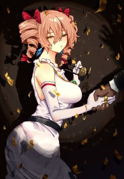 1boy 1girl absurdres bow bracelet brown_hair dark-skinned_male dark_skin drill_hair earrings elbow_gloves gloves hair_bow half-closed_eyes hat hat_bow highres holding_hands jewelry long_hair necklace pendant rimless_eyewear ring round_eyewear sunglasses touhou twin_drills yorigami_jo&#039;on yukine_0930