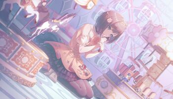 1girl black_choker bracelet brown_eyes brown_hair carousel choker colorful_palette detached_sleeves dress ferris_wheel flower footwear_ribbon frilled_dress frills game_cg gem gold_tiara hair_flower hair_ornament hand_on_own_chin highres jewelry layered_dress looking_at_hands necklace oenothera_(flower) off_shoulder official_alternate_costume official_art open_mouth orange_dress orange_flower orange_shoes parted_lips pearl_(gemstone) pearl_necklace pink_flower project_sekai puffy_detached_sleeves puffy_sleeves samenai_gensou_wo_nokku_shite_(project_sekai) see-through_clothes see-through_sleeves shinonome_ena shoes short_dress short_sleeves sitting third-party_source tiara toy