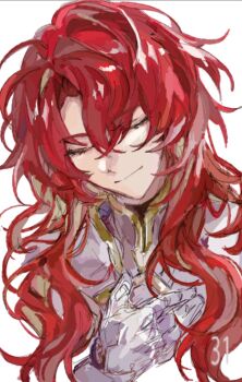 Rule 34 | 1boy, argenti (honkai: star rail), armor, closed eyes, closed mouth, commentary, gloves, hair between eyes, hand on own chest, highres, honkai: star rail, honkai (series), knight, long hair, male focus, red hair, simple background, sketch, smile, solo, symbol-only commentary, tyoookozuki, upper body, wavy hair, white armor, white background, white gloves