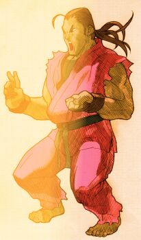 Rule 34 | 1boy, angry, barefoot, bengus, brown eyes, brown hair, capcom, clenched hands, dougi, facing to the side, fighting stance, fingerless gloves, game cg, gloves, hand on own hip, hibiki dan, highres, long hair, male focus, martial arts belt, marvel, marvel vs. capcom, marvel vs. capcom 2, muscular, muscular male, non-web source, official art, open mouth, ponytail, scan, sidelighting, simple background, solo, street fighter, undershirt