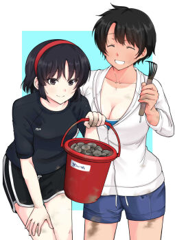 Rule 34 | 2girls, black eyes, black hair, black shirt, black shorts, blue background, blue shorts, border, breasts, bucket, cleavage, closed eyes, closed mouth, collarbone, cowboy shot, dirty, dirty clothes, grin, hairband, hand on lap, hashtag-only commentary, highres, holding, holding bucket, jacket, kujou meika, large breasts, leaning forward, meika-san wa oshikorosenai, multiple girls, oka miyako, outside border, red hairband, saitou shouki, seashell, shell, shirt, short hair, shorts, small breasts, smile, standing, tan, tanline, white border, white jacket