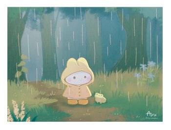 animal animal_focus artist_name ayu_(mog) blush_stickers boots border closed_mouth clothed_animal commentary english_commentary forest frog grass hood hood_up mixed-language_commentary nature no_humans original outdoors rabbit rain raincoat romaji_commentary solid_circle_eyes twitter_username white_border yellow_boots