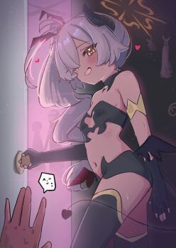 absurdres asymmetrical_gloves black_thighhighs blue_archive brown_halo demon_horns demon_tail detached_collar door fingerless_gloves gloves hair_over_one_eye halo heart heart-shaped_pupils high_(hgih) highres horns kanoe_(blue_archive) loli looking_at_viewer low_wings mismatched_gloves multicolored_eyes navel official_alternate_costume open_door pov side_ponytail single_horn smile symbol-shaped_pupils tail thighhighs two-tone_eyes wings