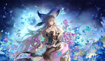 1girl absurdres ascot bare_shoulders black_choker black_dress black_hat black_pantyhose blue_flower breasts brown_hair bug butterfly chinese_commentary choker cleavage closed_mouth commentary_request detached_sleeves dress flower grey_hair hat hat_flower herta_(honkai:_star_rail) highres honkai:_star_rail honkai_(series) insect jewelry large_breasts long_hair long_sleeves looking_to_the_side lv_zhu_xuan necklace pantyhose petticoat purple_eyes purple_flower purple_nails sitting smile solo the_herta_(honkai:_star_rail) white_ascot witch_hat