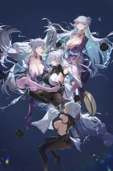 1girl absurdres blue_haori bodysuit colored_eyelashes goddess_of_victory:_nikke haori highres japanese_clothes mechanical_arms mechanical_hands megu_(jim48834420) monk multicolored_bodysuit nayuta_(nikke) nayuta_(wu_wei)_(nikke) official_alternate_costume purple_bodysuit single_mechanical_arm single_mechanical_hand solo space_skin split-color_clothes thick_eyelashes two-tone_bodysuit unusually_open_eyes white_eyelashes white_hair