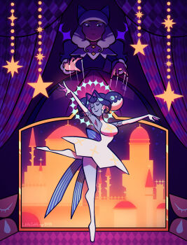 2girls arm_up artist_name breasts castle closed_eyes colored_skin curtains dated double_bun elbow_gloves gloves grey_skin hair_bun highres knights_of_guinevere littleinksheep long_hair medium_breasts multiple_girls olivia_park princess_guinevere puppet_strings smile stage_curtains white_gloves