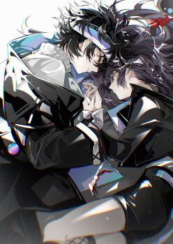 1boy 1girl ayn_alwyn black_hair black_jacket black_shorts blue_headband braid chromatic_aberration closed_eyes closed_mouth coldiron hair_ribbon hair_spread_out headband heroine_(lovebrush_chronicles) hetero highres holding_hands interlocked_fingers jacket long_hair long_sleeves lovebrush_chronicles lying off_shoulder on_side parted_lips profile purple_hair red_ribbon ribbon shirt short_hair shorts side_braid simple_background single_braid sleeping sweater turtleneck turtleneck_sweater white_background white_sweater