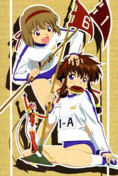 2girls angelic_layer blue_eyes bread brown_hair buruma clamp flag food gym_uniform hikaru_(angelic_layer) kizaki_tamayo low-tied_sidelocks mouth_hold multiple_girls numbered_flag purple_eyes short_hair_with_long_locks sidelocks suzuhara_misaki
